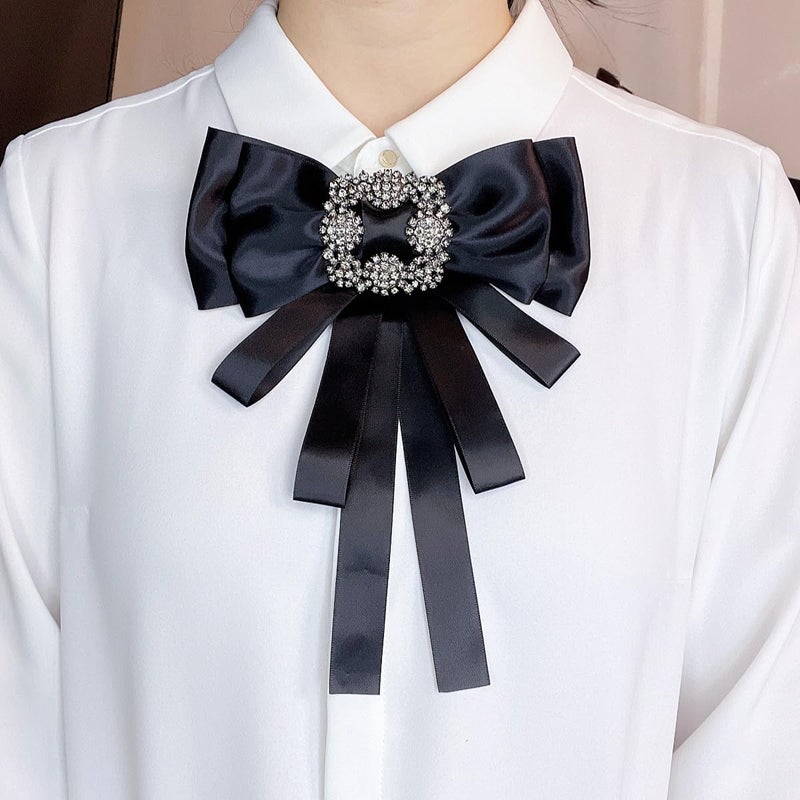 TOPAZ black Ribbon brooch pins for women rhinestone Crystal bow brooch black for Men/Women Pre-Tied Neck Tie BowTie Patriotic jabot Collar for Christmas Decoration (black/J20) - Image 2